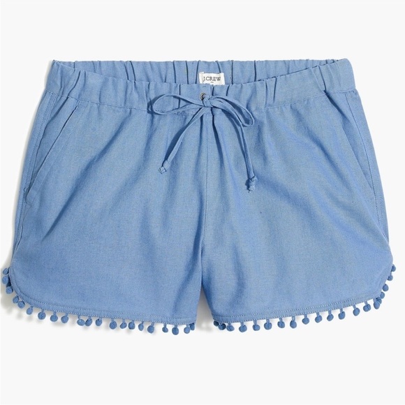J. Crew Pants - J.Crew women’s cotton Linen mix 3" Pom-pom Drawstring Short in Blue preloved
